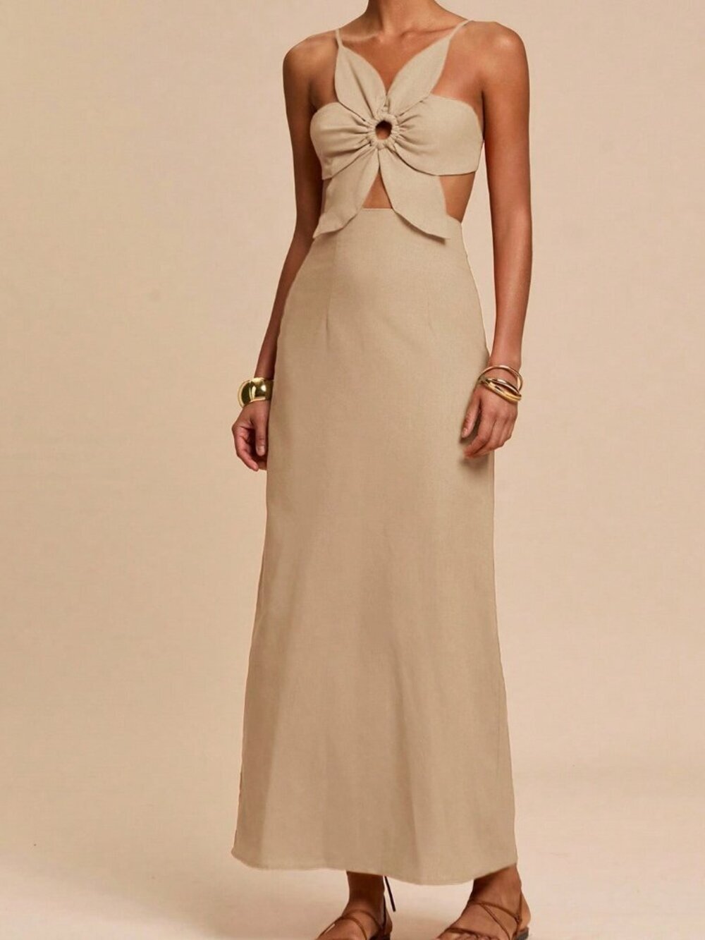 Khaki Casual Women's Vacation Petal Backless Strap Dress - Picture 4 of 6